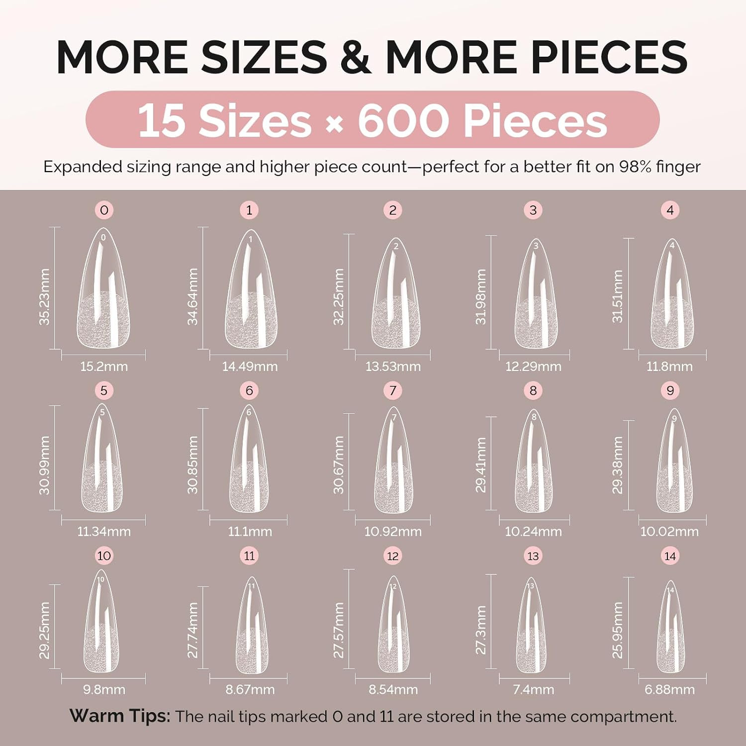 Melodysusie Long Almond Stiletto X Nail Tips – 600Pcs 15 Sizes Clear Acrylic, Ha