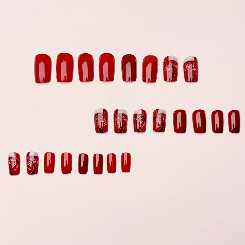 48 Pcs of Red and White Square Embossed Nails, Removable and Reusable Fake Nails