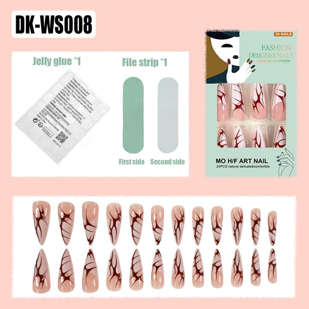 Halloween Press on Nails Long Almond Stick on Nails with Red Flame Design Glo…