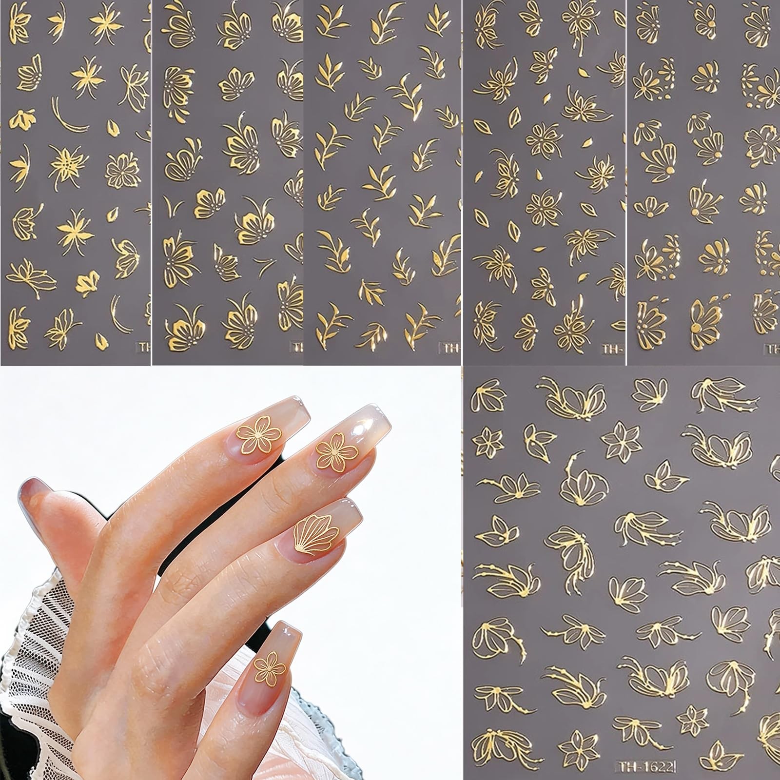 6 Sheets Gold Nail Stickers Set 3D Flower Leaf Butterfly Nail Art Stickers, -…