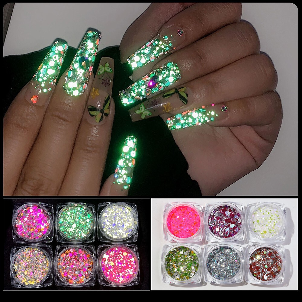 6 Color Set Mix Glitter Nail Sequins Powder Flakes Manicure In The Dark Effect
