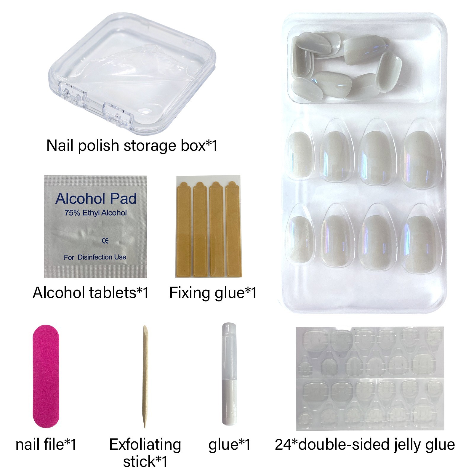 Shimmery Milky White Almond Press-On Nails 24Pcs Fake Nails with Full Prep Kit