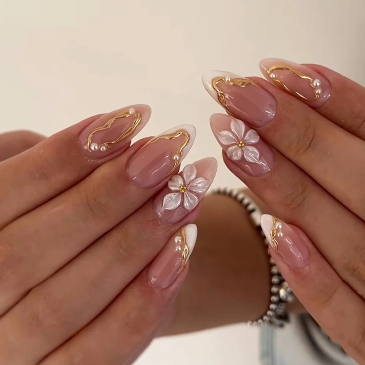 24pcs 2026 Cat Eye Leaf Flower Short Almond Press On Nails
