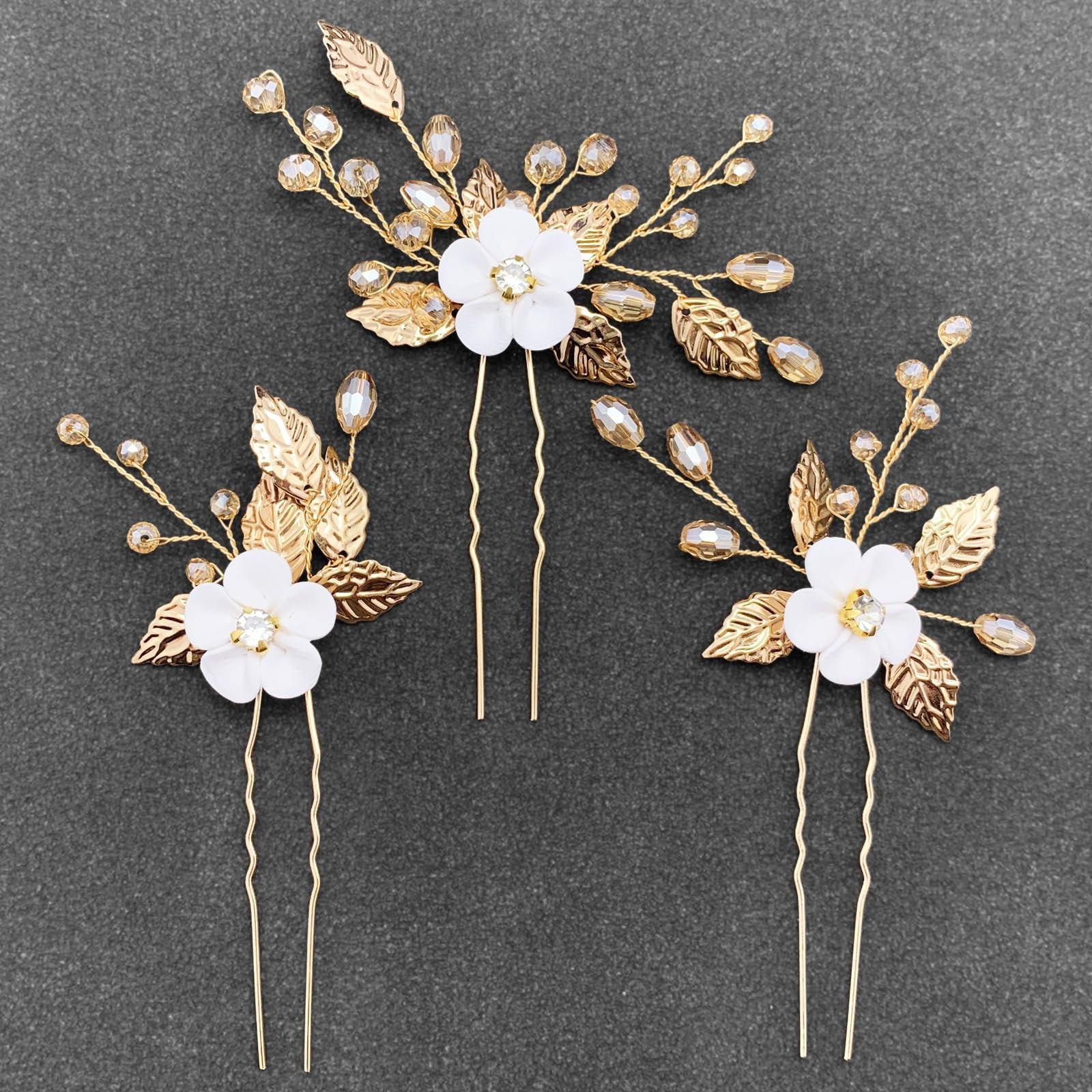 PRETTYLIFE White Flower Hair Pins Bridal Wedding 3 Count (Pack of 1), B Gold