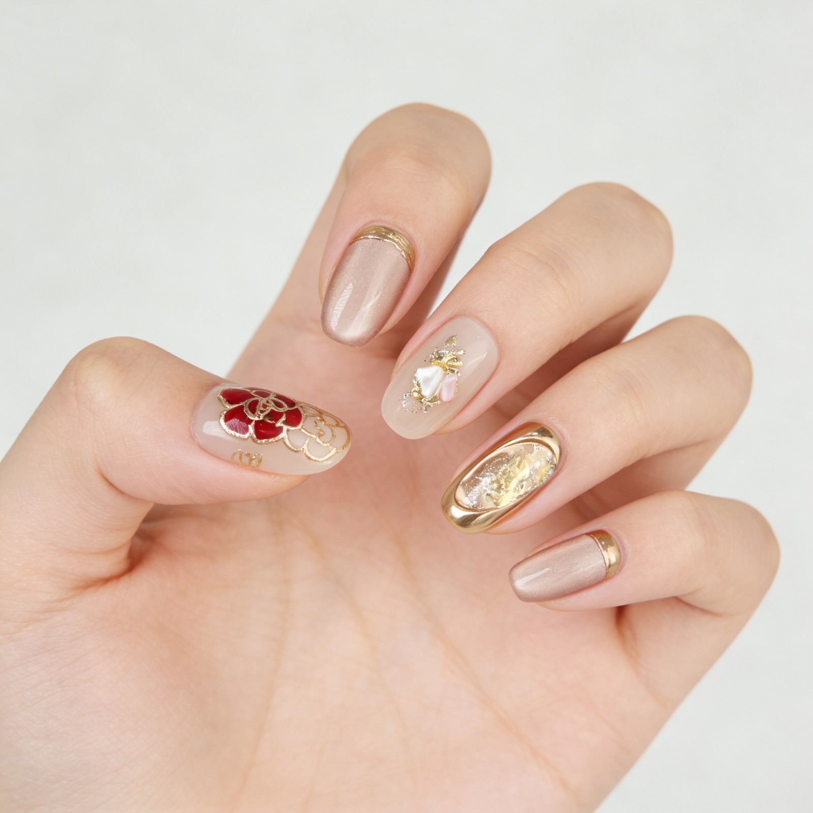 Nude Pink Floral Press On Nails Oval Gold Foil Handmade Elegant Set Gift For Her