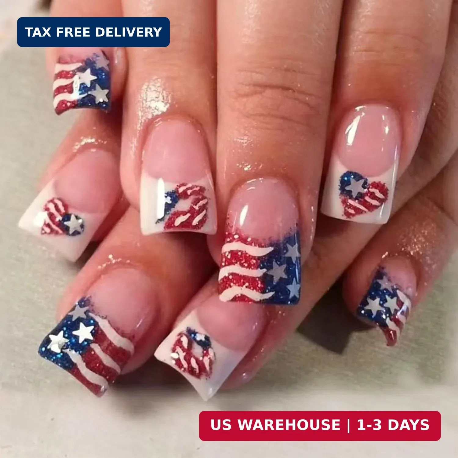 4th of July Press on Nails Medium Square French Tip Fake Nails Red White Blue Gl