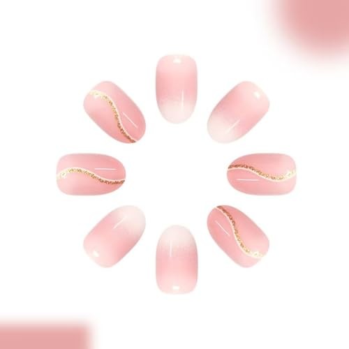 Ombre Pink Press on Nails with Gold Glitter Line Fake Nails Shimmery color31
