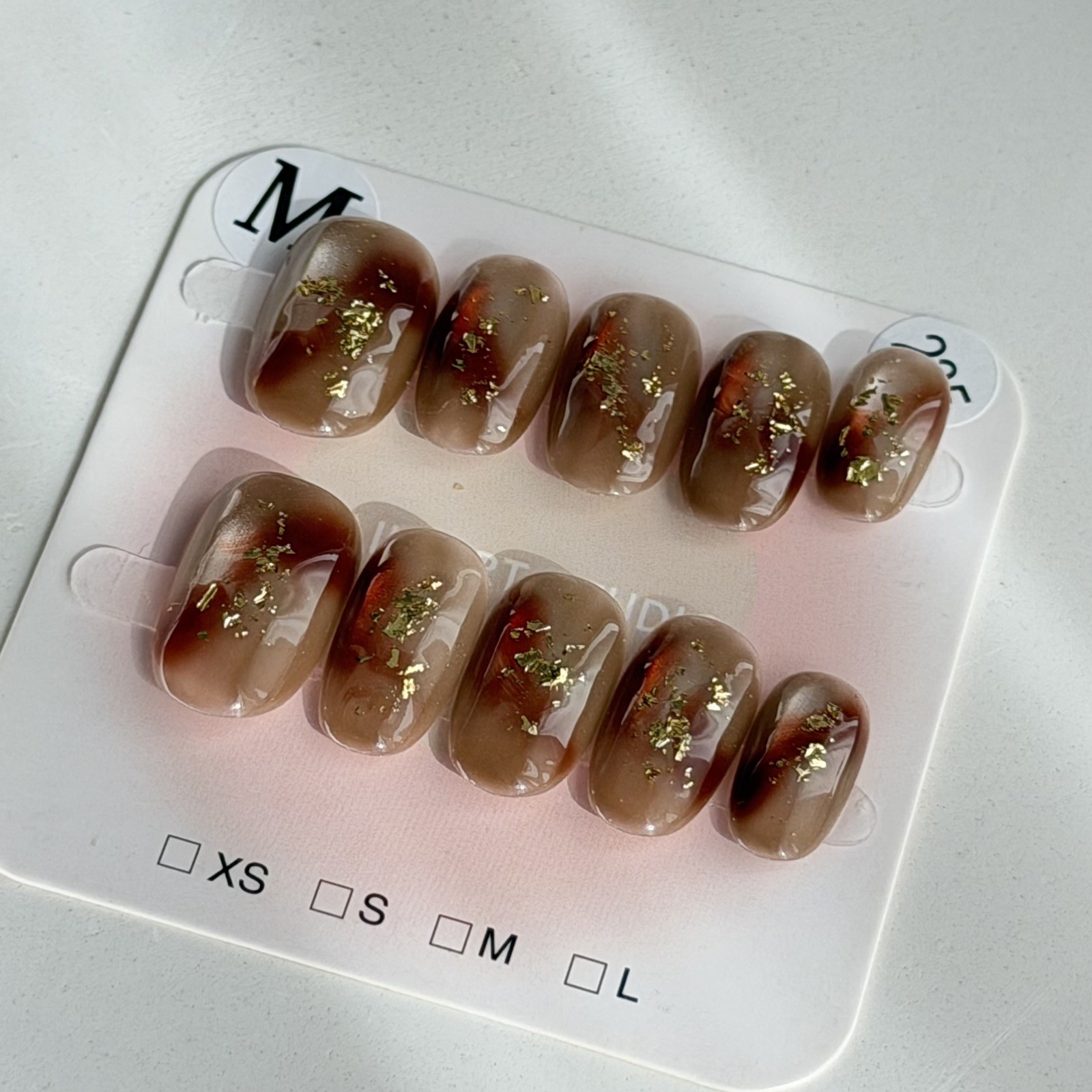 Handmade Red Brown Gold Foil Ombre Press-On Nails Short Oval Size M Reusable