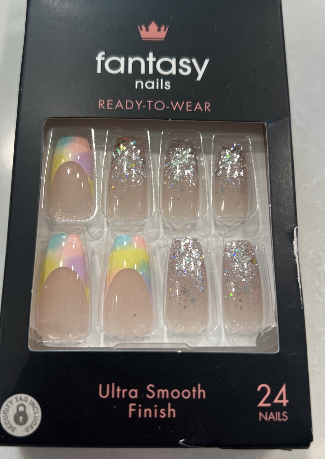 Kiss Fantasy Artificial Nail Long Rainbow Pastel French With Glitter New