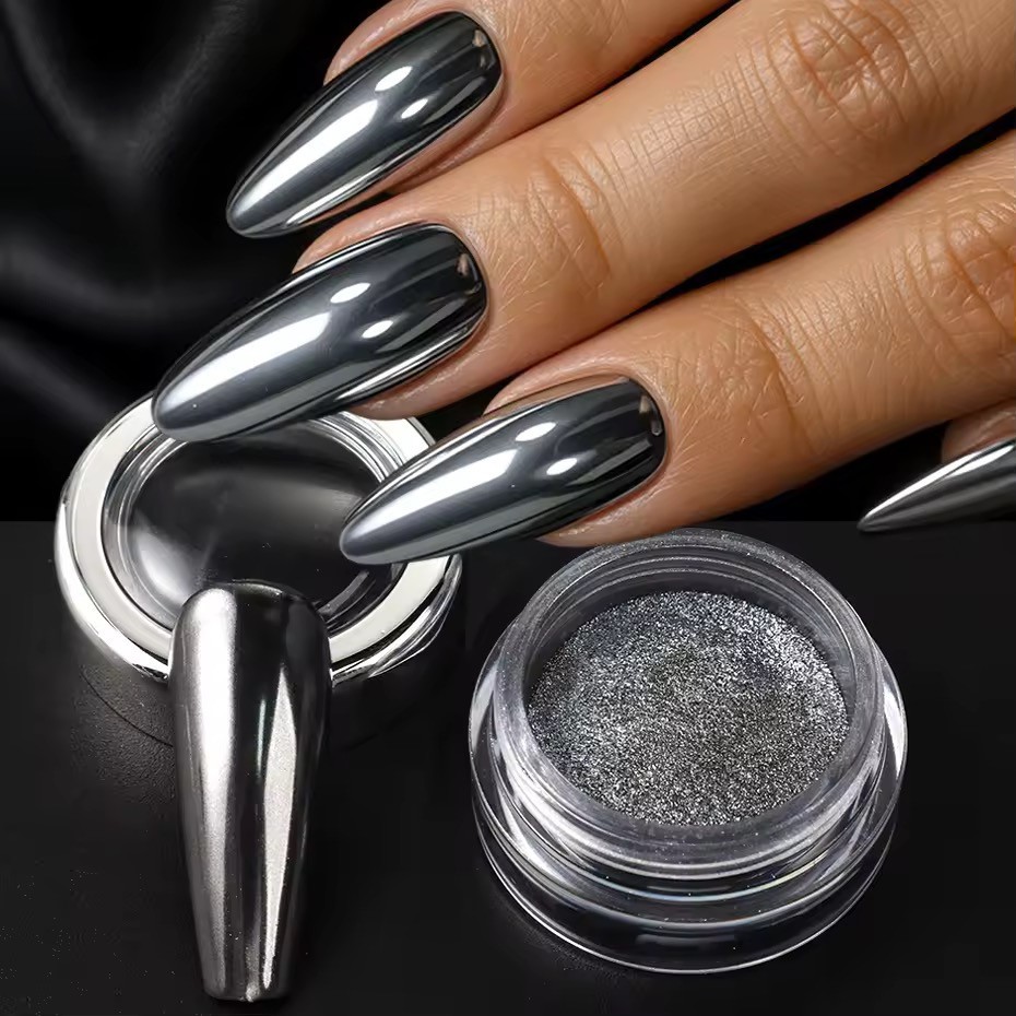 Black Silver Chrome Mirror Nail Powder Set 2pcs Shiny Metallic Effect Manicure