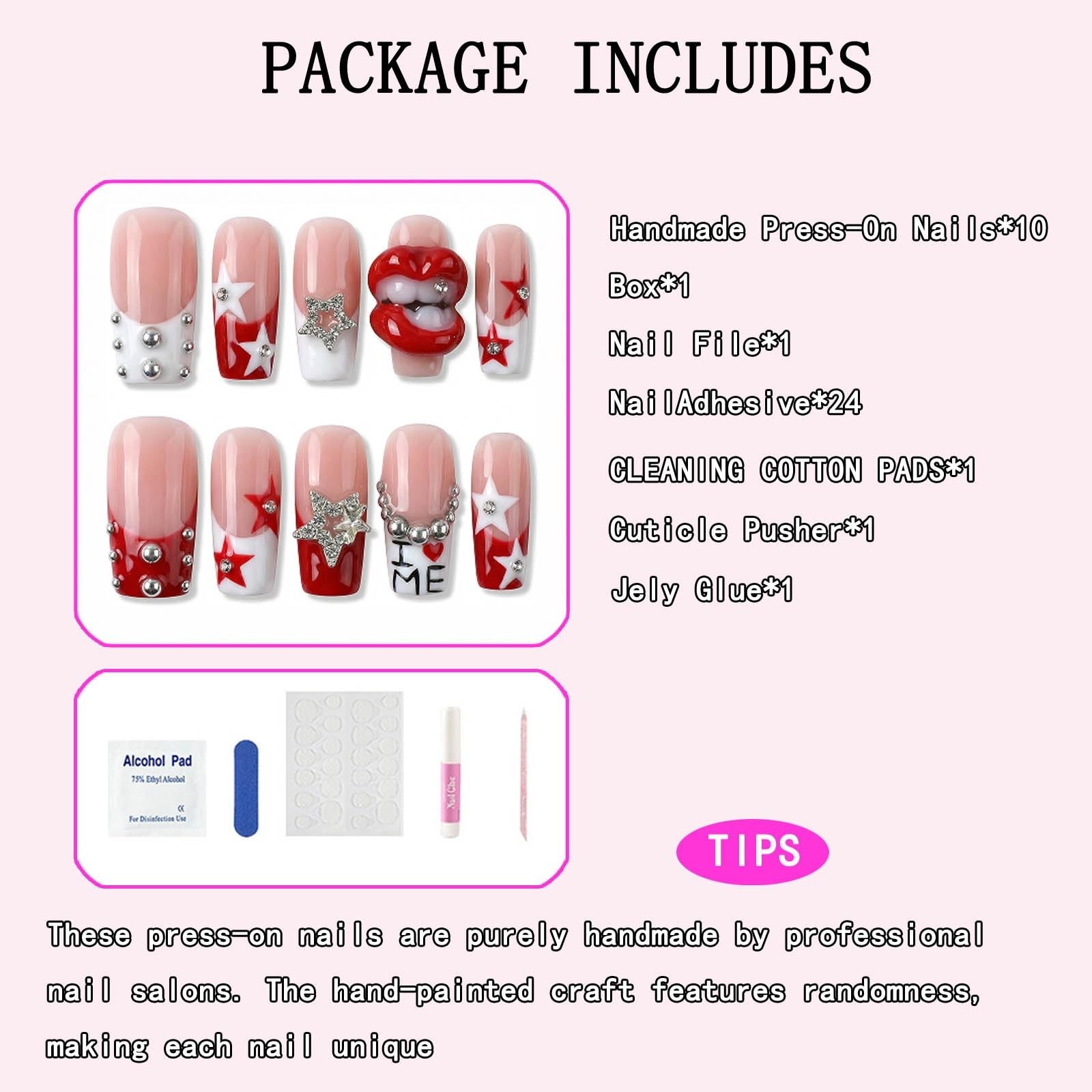 Medium Square Press-On Nails – Red White Stars & 3D Lips, Thick Acrylic, 10 Pcs
