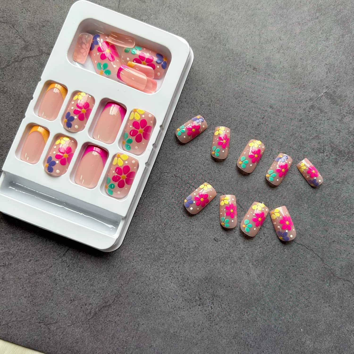 24-Pack Short Square French Tip Fake Nails – Glossy Nude Pink with Flowers