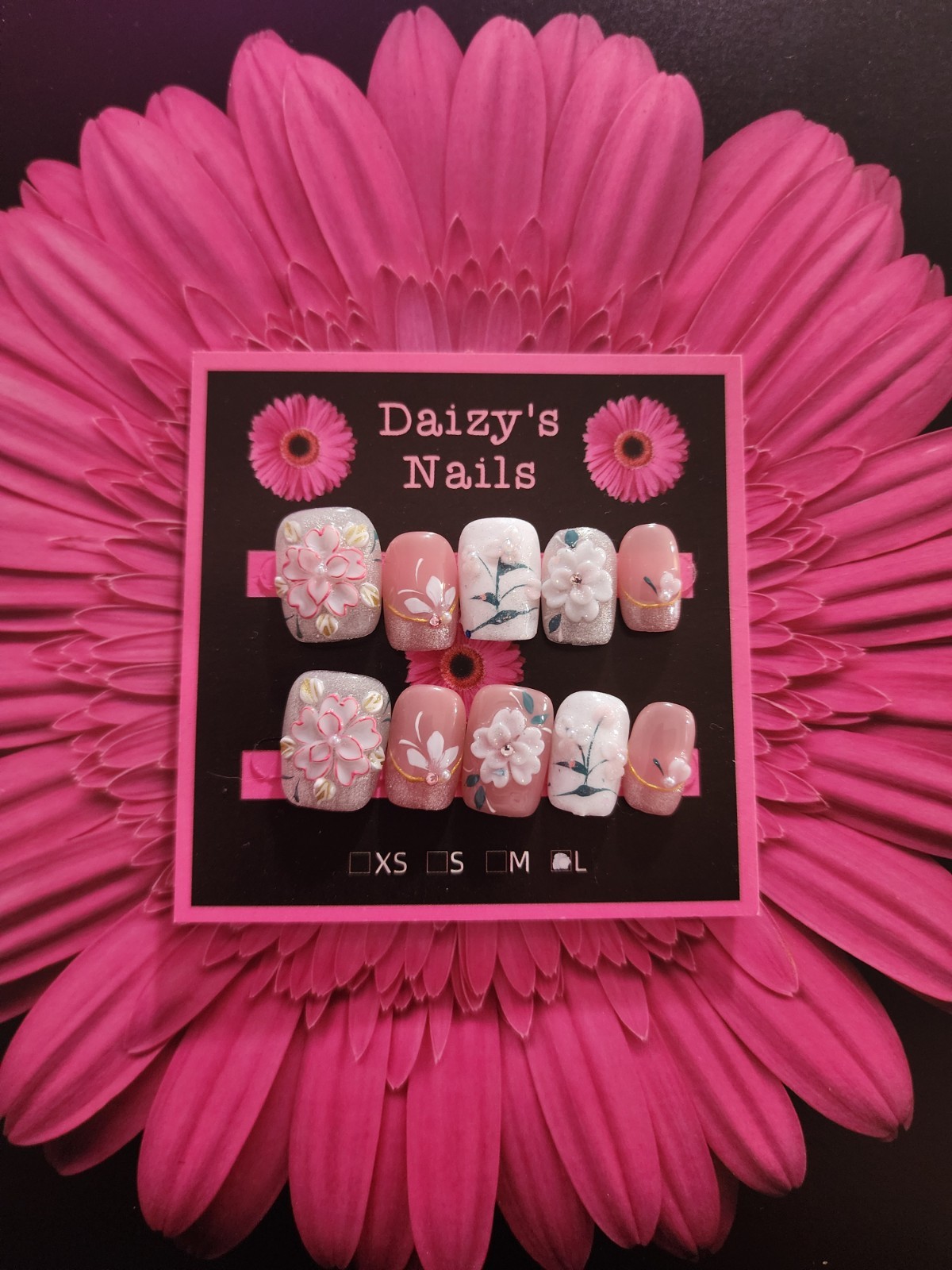 Large Size Garden 3D Floral Press-on Nail Set Handmade Almond 1.5 Cm Length
