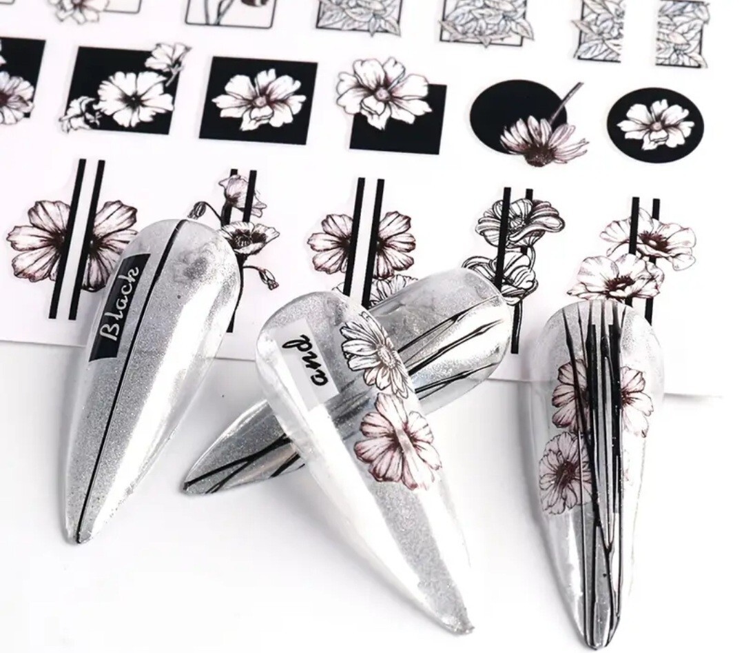 Floral Black & White Nail Art Transfer Stickers Flowers Line Art Artistic