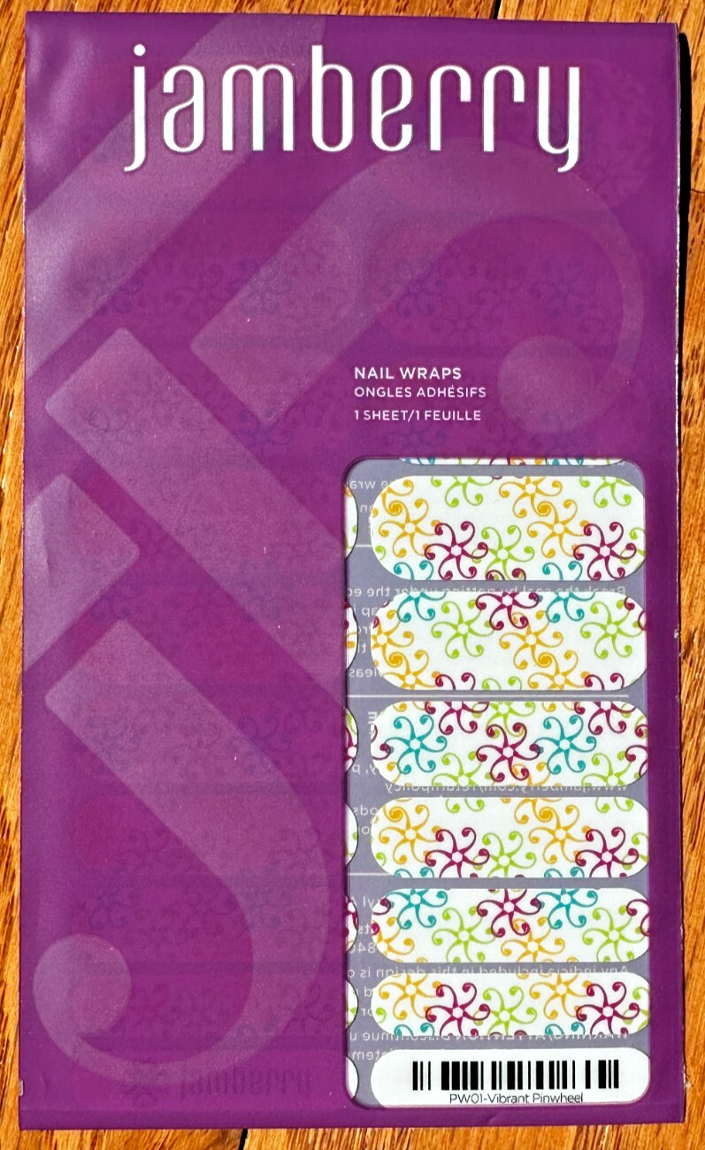 Jamberry Nail Wraps Full Sheet PW01 Vibrant Pinwheel – white, yellow, pink, blue