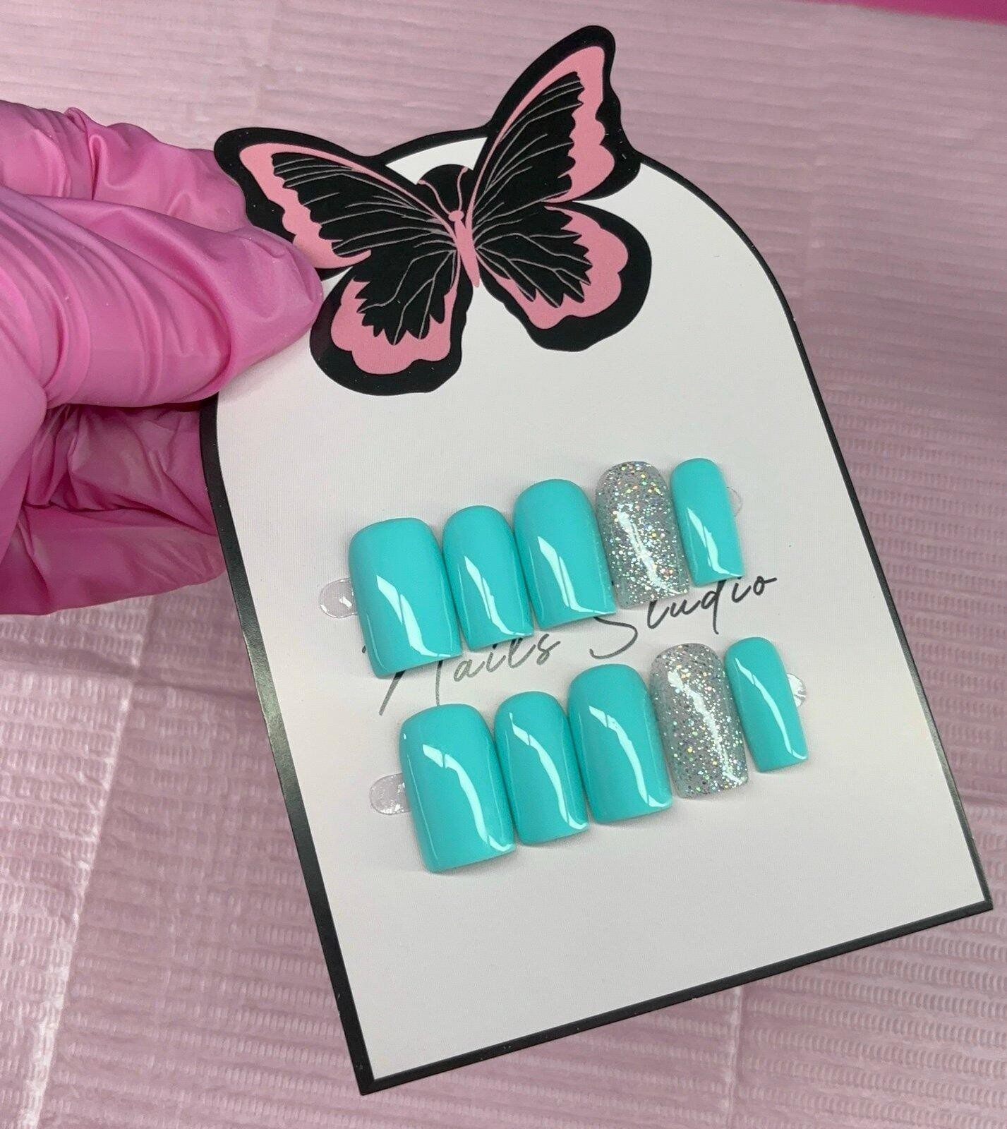 Short square Press on nails silver glitter teal light blue handmade custom gel