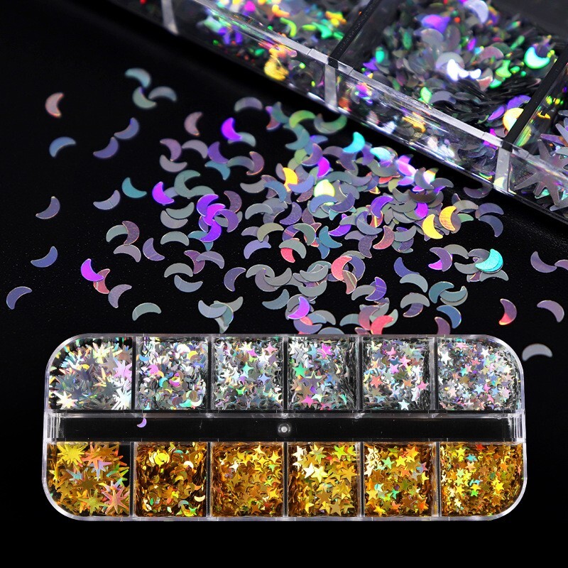 12 Grids Mix Nail Glitter Sequins Star Moon Shape Flakes Nail Art 3D Decoration