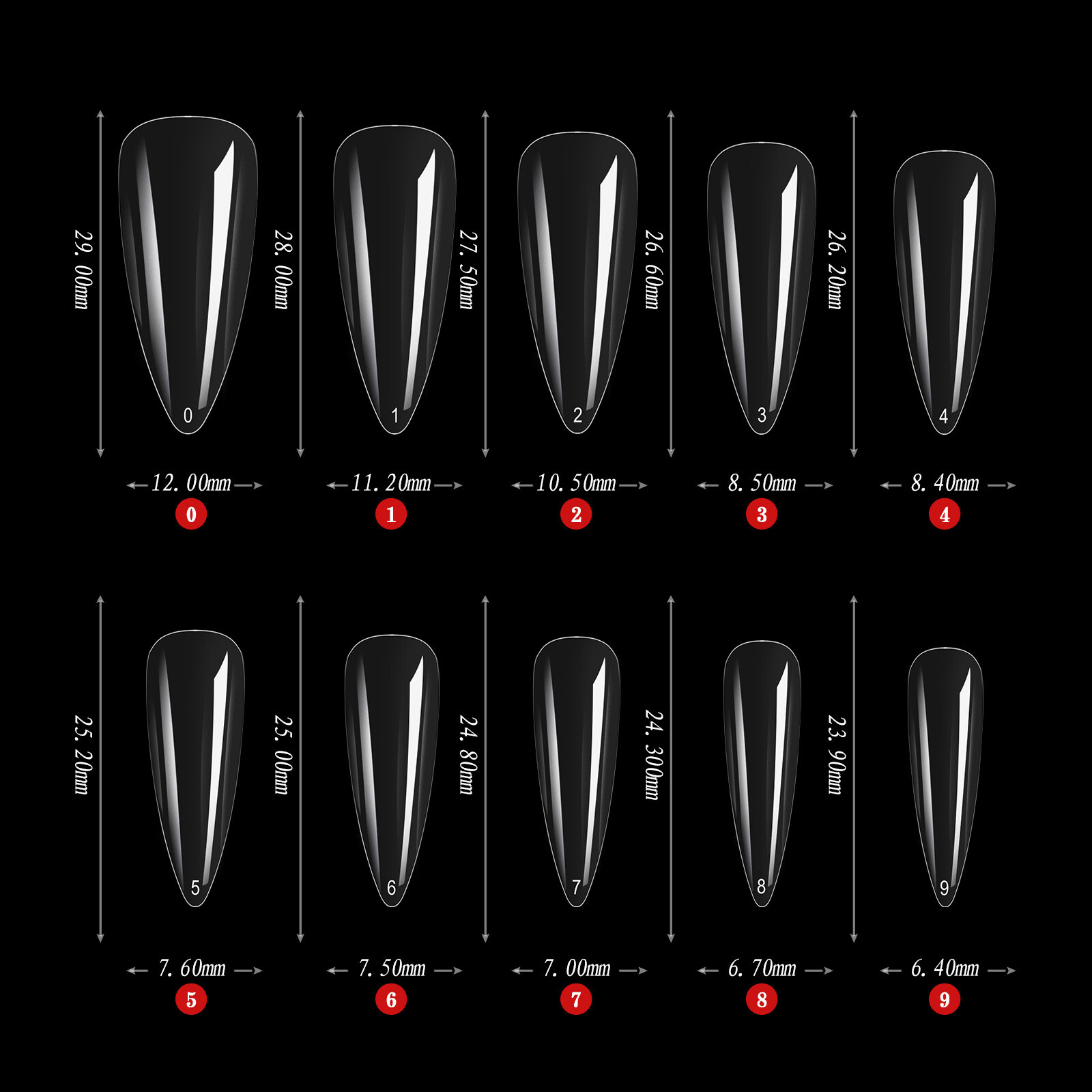 S/XL/3XL False Nail Tips Coffin Square Stiletto Almond Shape Acrylic Tips Clear