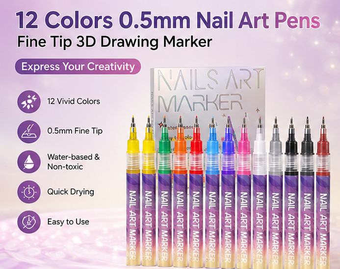 12 Colors 0.5mm Nail Art Pens Fine Tip 3D Drawing Marker Quick Dry