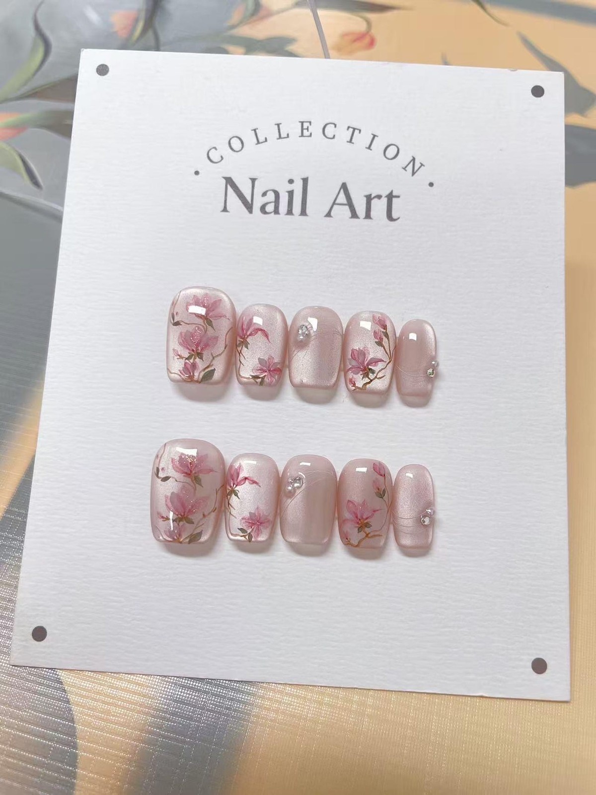 Handmade Pink Magnolia Floral Rhinestone Medium Almond Press on Nails