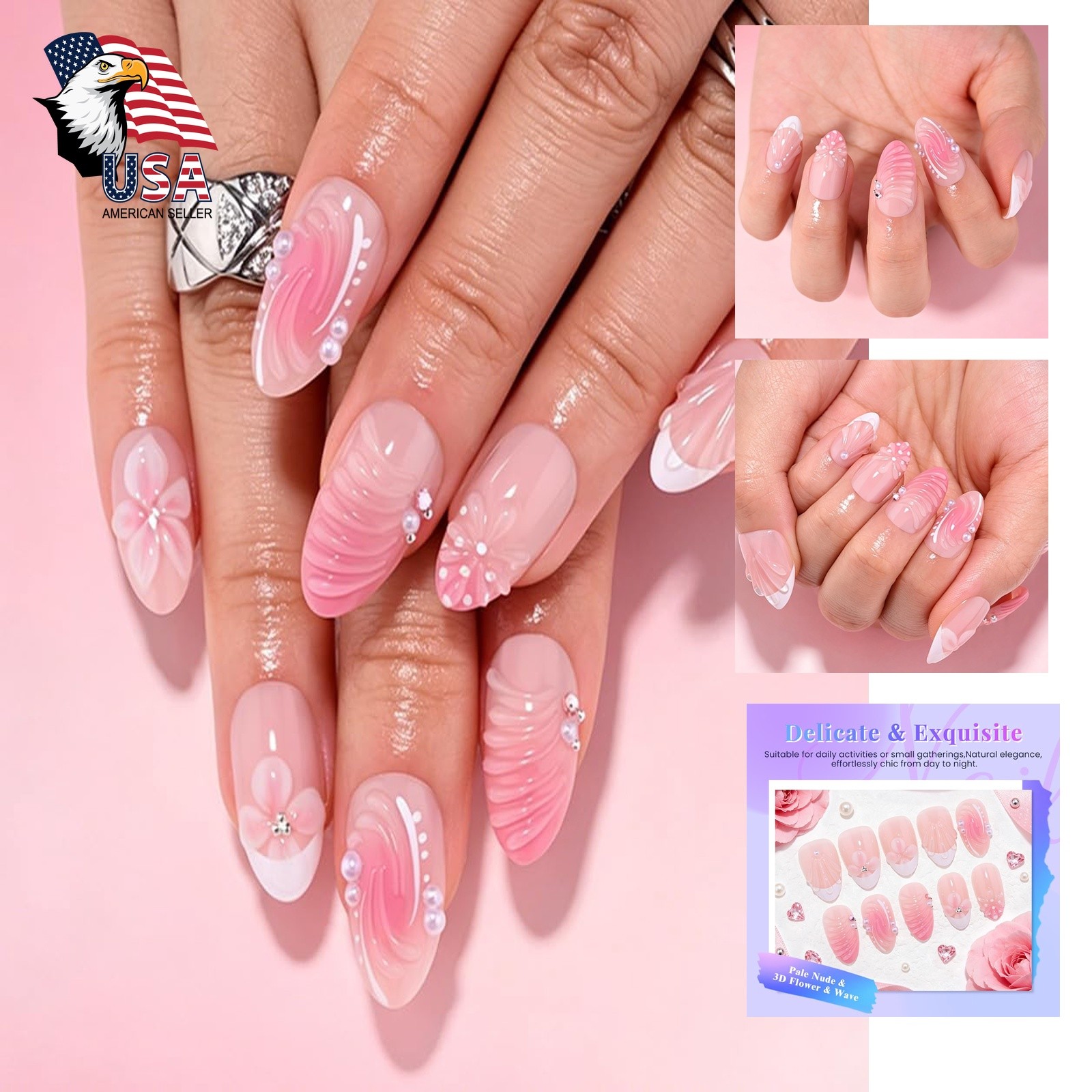 evpct Short Almond Press On Nails Flower Wave