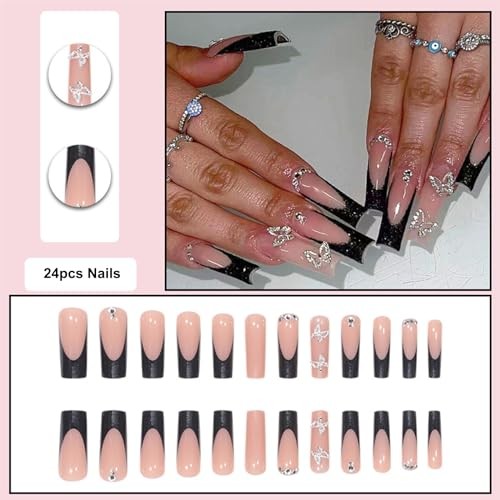 Press On Nails – Square Nude Fake Nails, Extra Long Luxurious 07-Black French