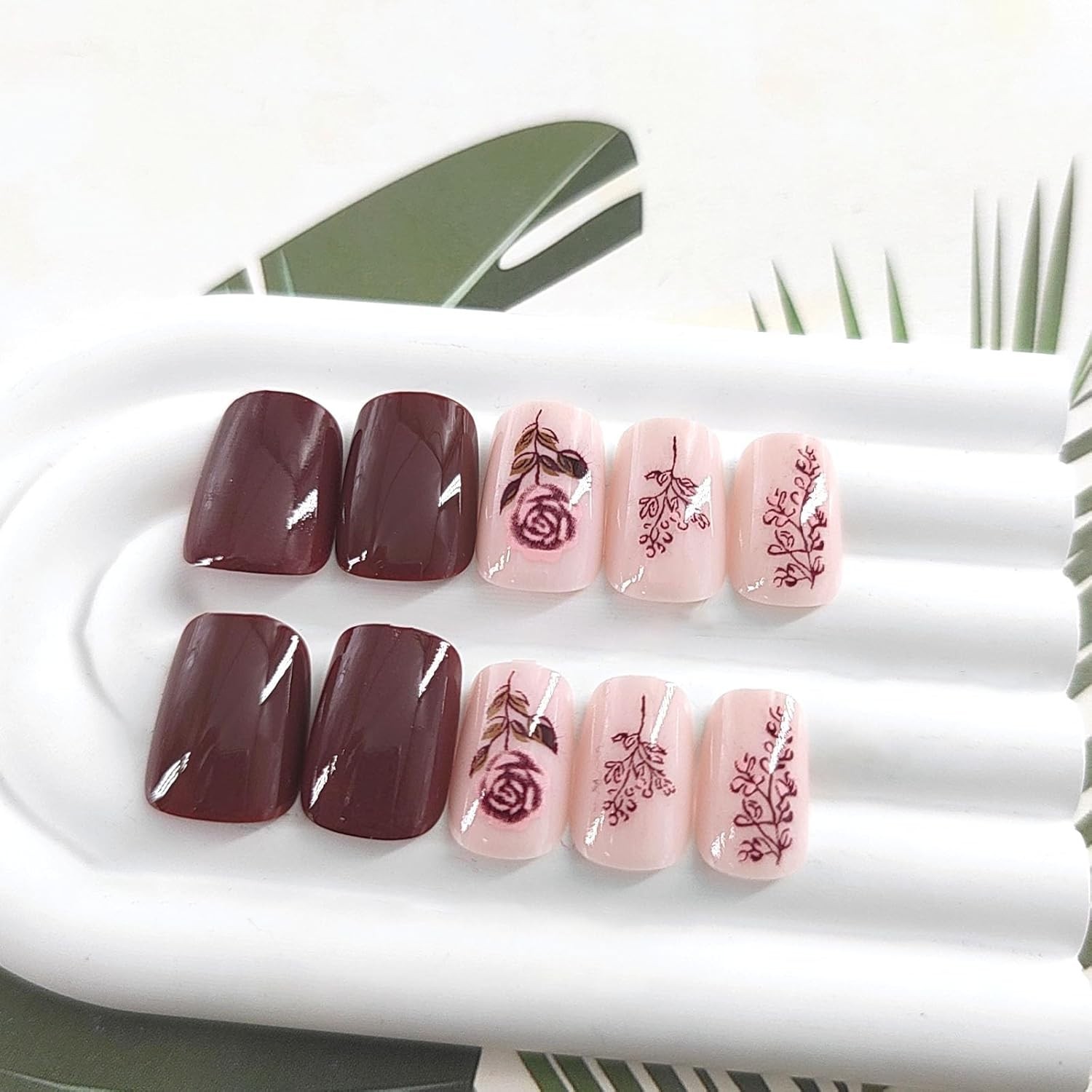 Fall Press on Nails Short False Nails with Pink Rose Leaves Designs Square Nails