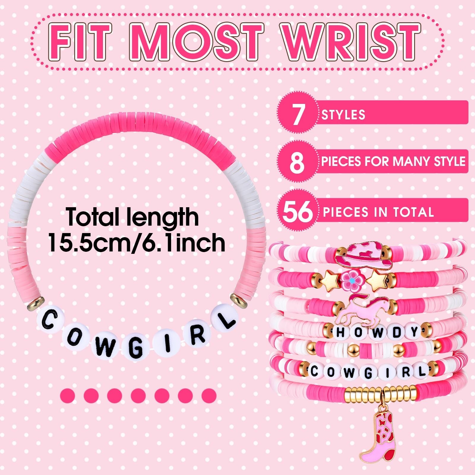 56 Pcs Pink Cowgirl Heishi Bracelets Western Cowgirl Stackable Rainbow Clay B…