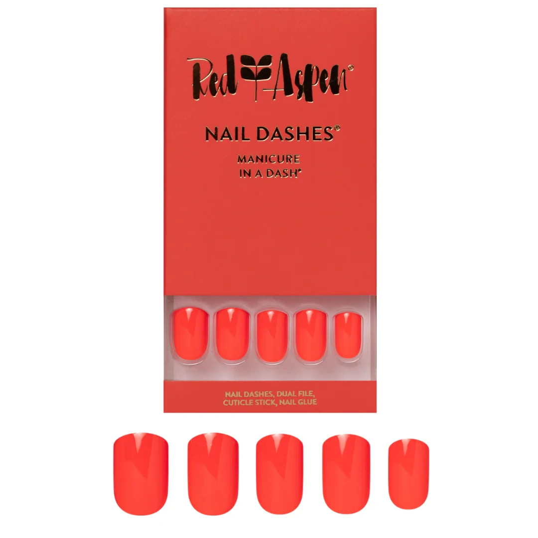 Red Aspen Press On Nails-Orange Red, Ravia Short Square Red