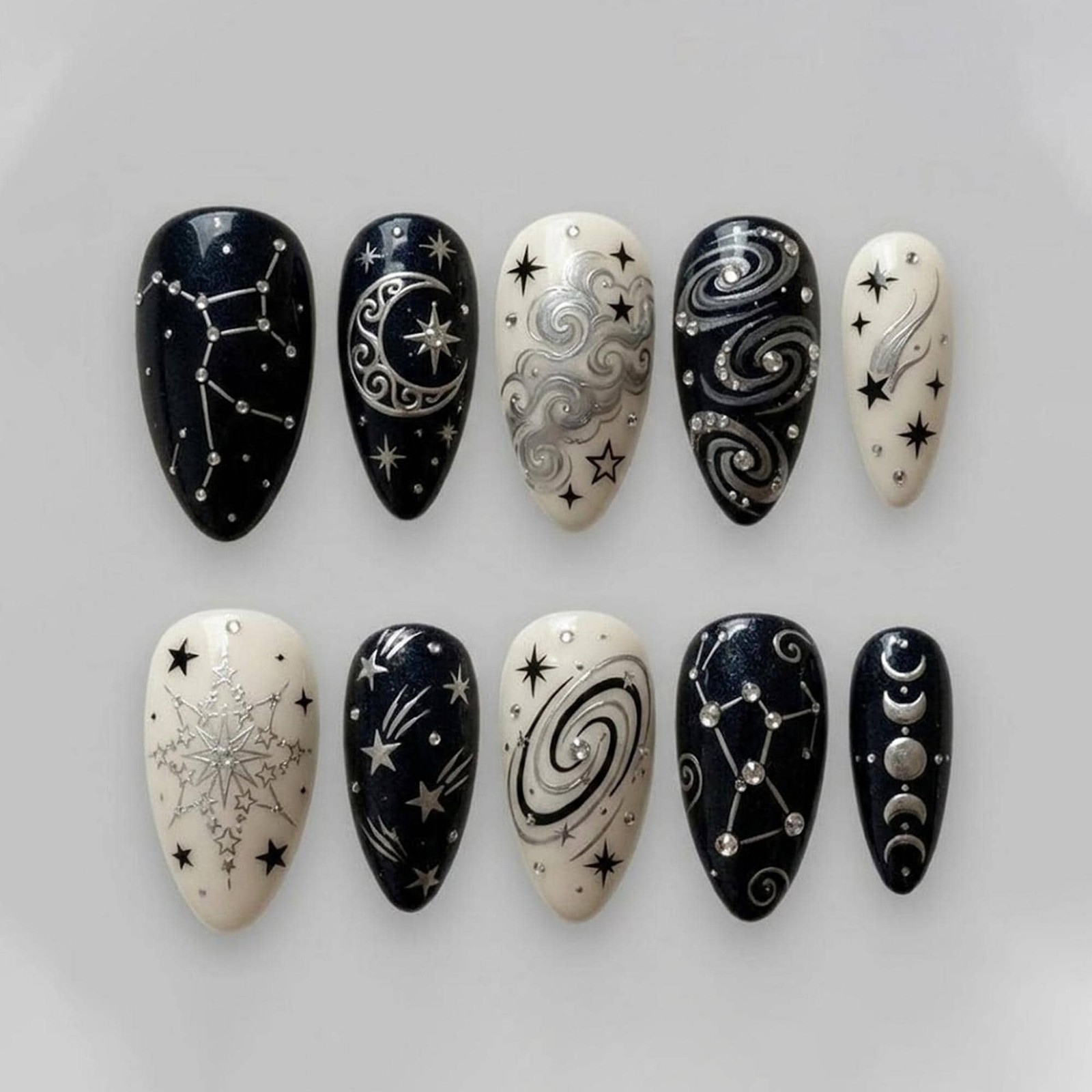 Handmade Custom Celestial Star Moon Constellation Cloud Oval Press on Nails