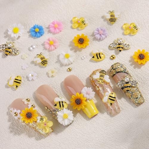 3D Tiny Bee Nail Art Charms, Cute Cartoon Bee Acrylic Sunflower Yellow Bee
