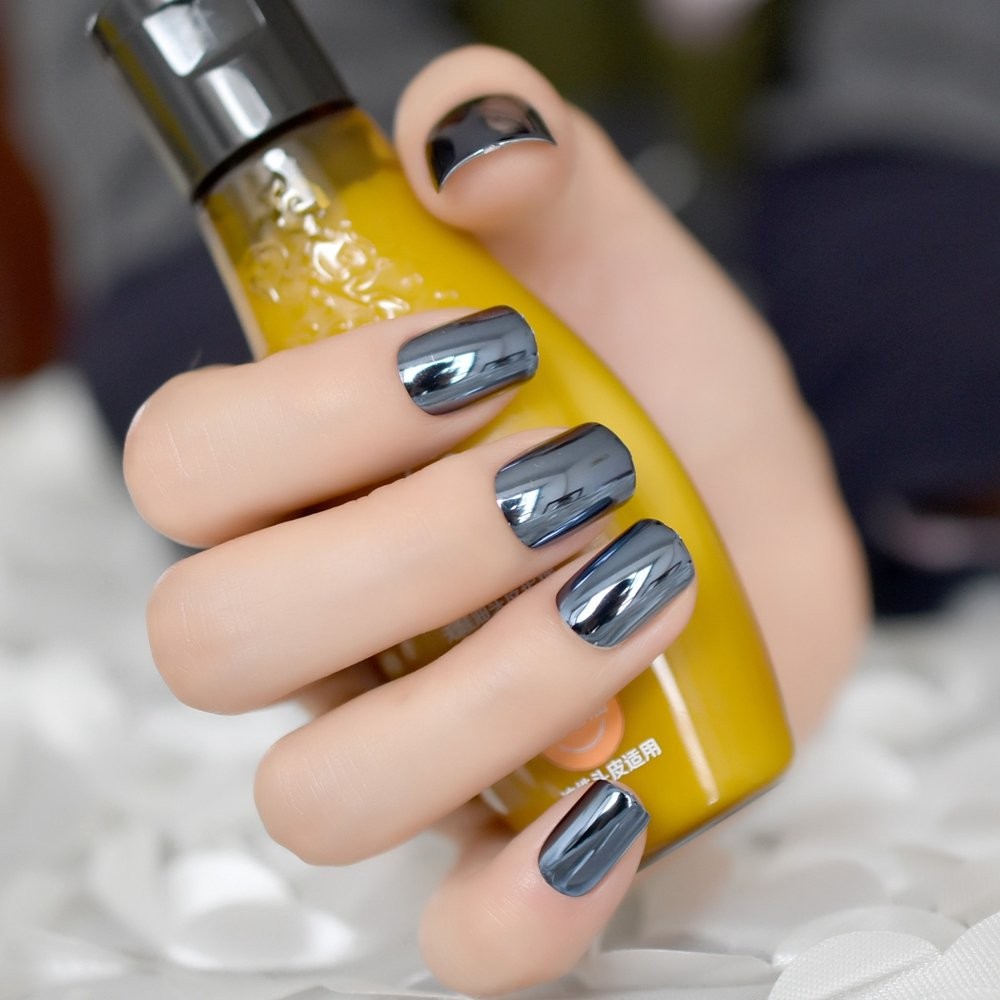 LINSSQ Press on Nails,Ashy Blue False Nails,Beauty Metallic Mirror Ashy
