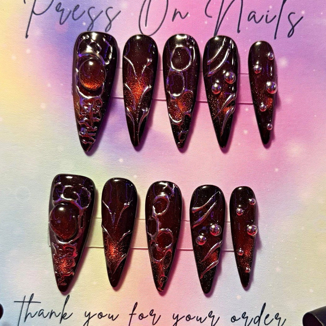 Homemade Black Celestial 3D Shiny Stiletto Press-On Nails, Small, Long