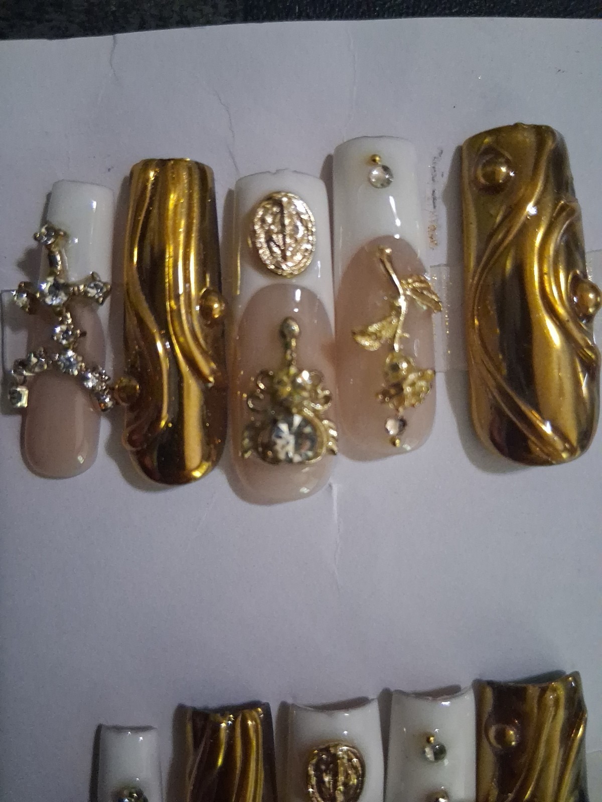 Size Medium Hand Crafted Faux nails Gold/rhinestone Long