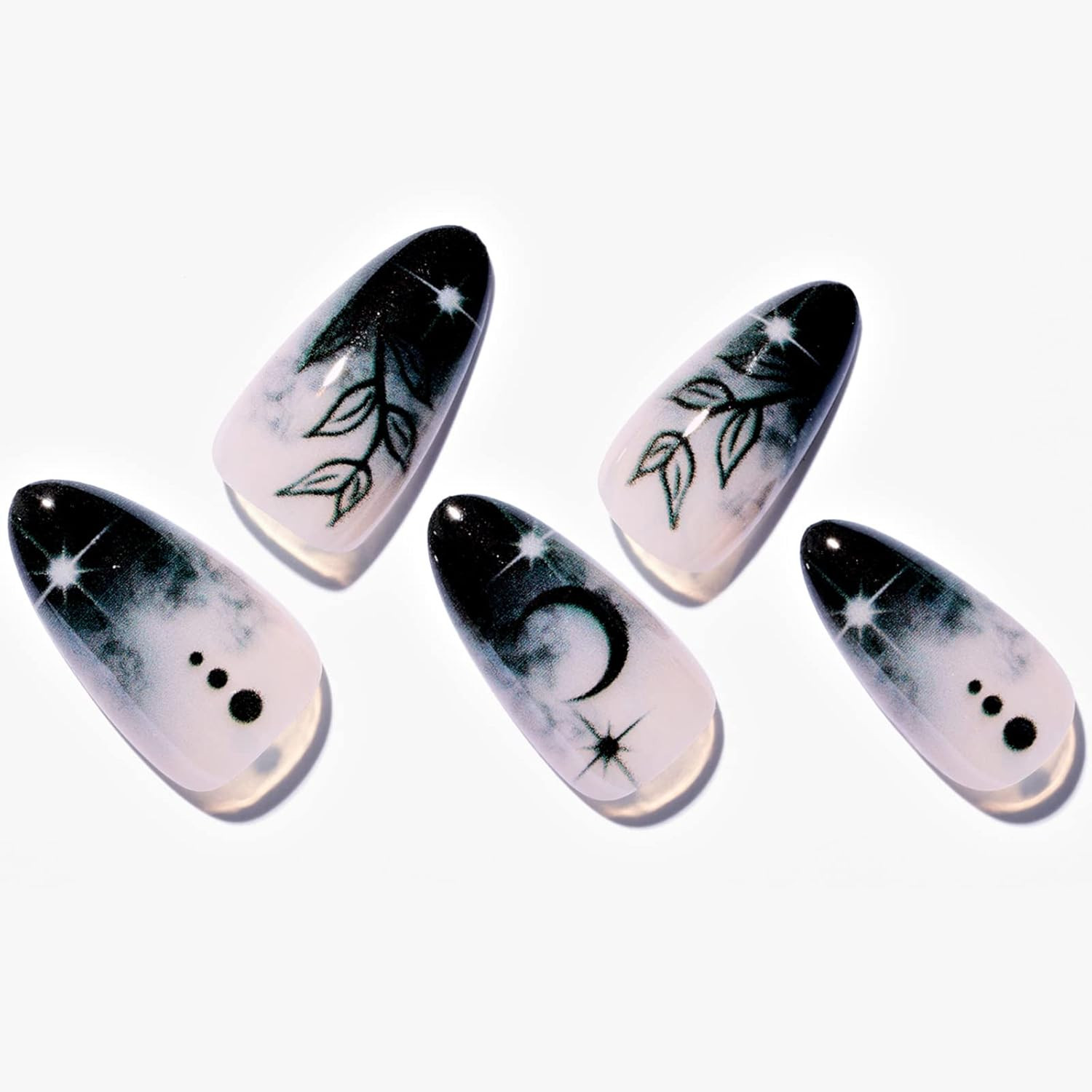 Press on Nails Medium Almond, Gothic Black Ombre French Tip Gel Glue on Nail, Gl