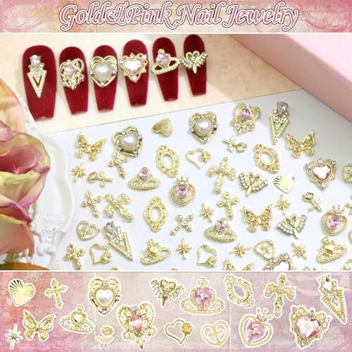 122PCS Gold Nail Charms Pink Rhinestone Heart Charms for Nails Art Luxury
