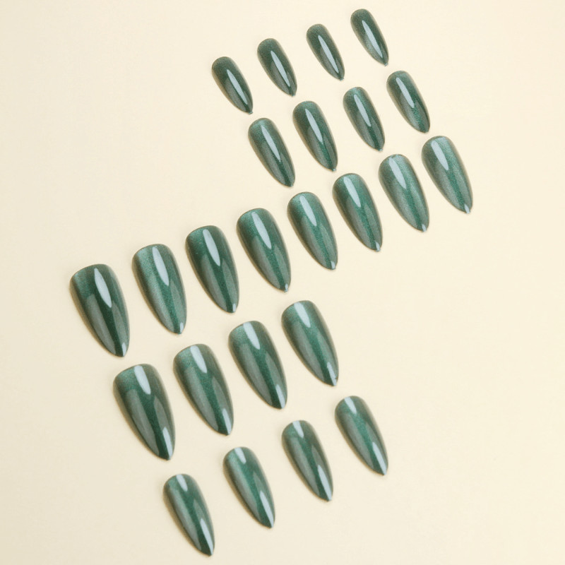 48Pcs-Long Almond Vibrant Teal Green Cat Eye Magnetic Gloss Press on Nails Set