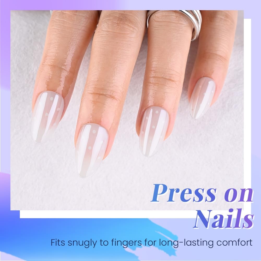 evpct Short Almond Glazed White Dot Press on Nails