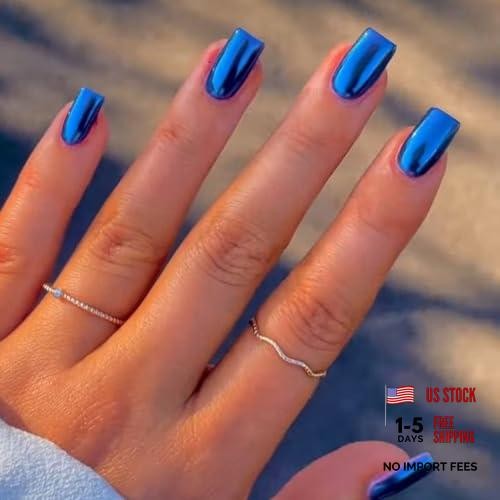 Medium Square Square Chrome Glazed Gel Mirror on Nails – Mirror Metal Royal Blue