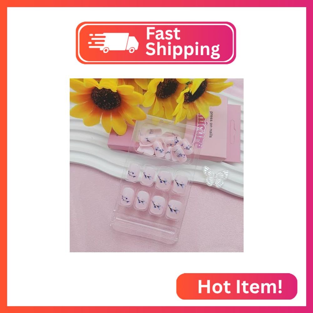 Short Press Cute Acrylic Nails – Glossy Glue on False Nails with Blue Floral Bud