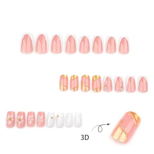 Square Press on Nails Medium Short Fake Nails White 1 Fl Oz (Pack of 1) Gold