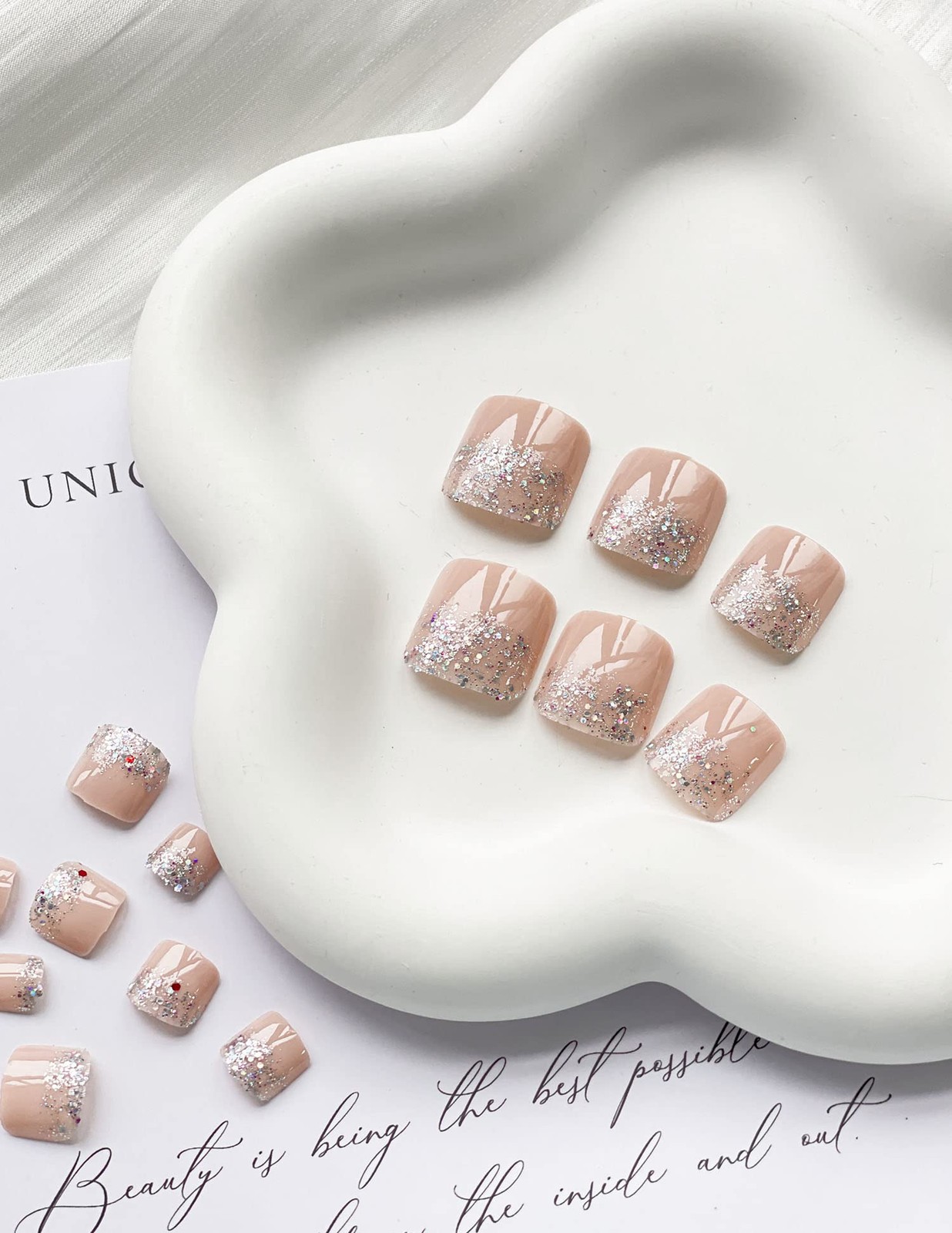 Square Fake Toenails Summer Glossy Glitter Nude French Tip Press on Toenails …
