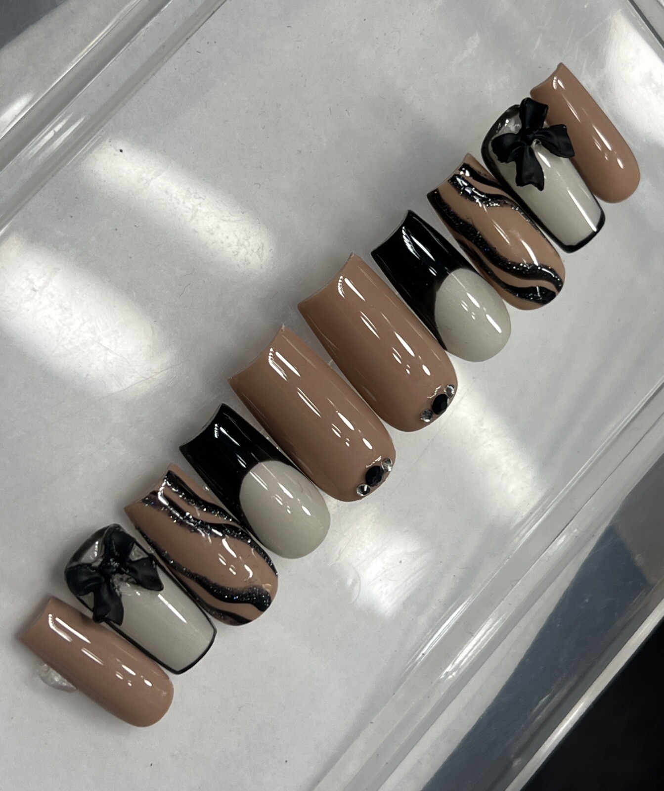 🤍🖤 CUSTOM Press On Nails FRENCH BLACK NUDE BLING 10p SET W Kit