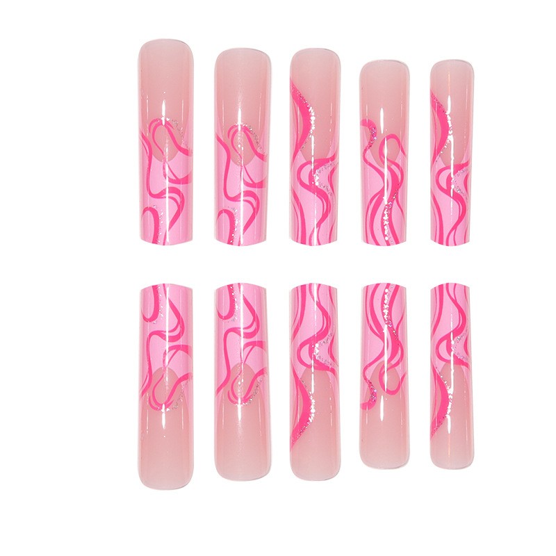 48Pcs-Long Coffin Nude Hot Pink Swirl Silver Glitter Line Glossy Press on Nails
