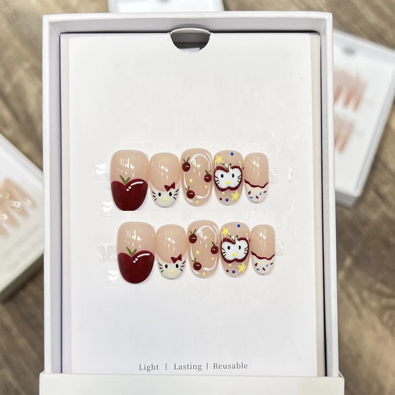 Handmade French Handpainted Cute Animal 3D Bow Fake Nail Short Press On Nail Set