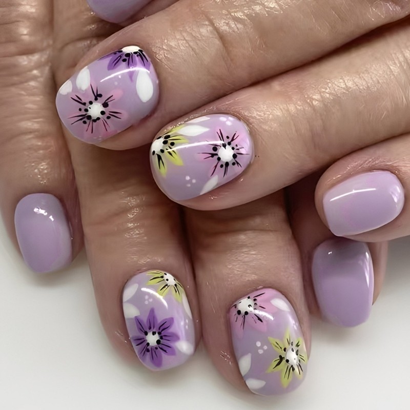 24 Pieces Short Square False Nail Purple Floral Designs Full Cover Nail Set