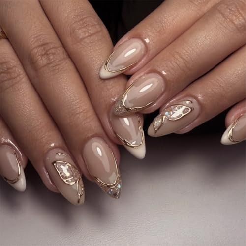 3D Nude Pink Butterfly French Press-On Nails, Almond Medium 14.pink butterfly