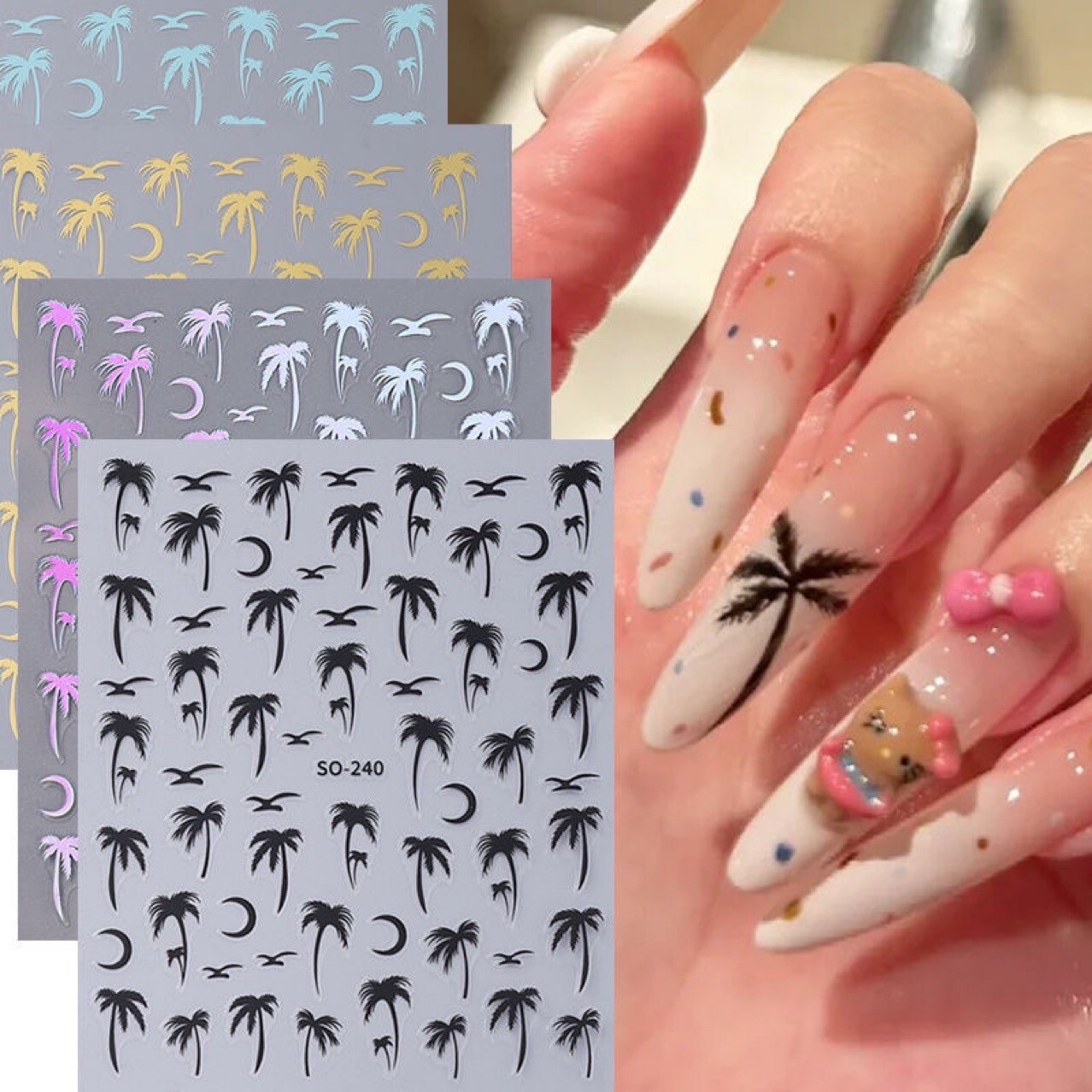 4Sheets Summer Beach Nail Art Stickers Palm Coconut Tree Birds Moon SO240 NH28