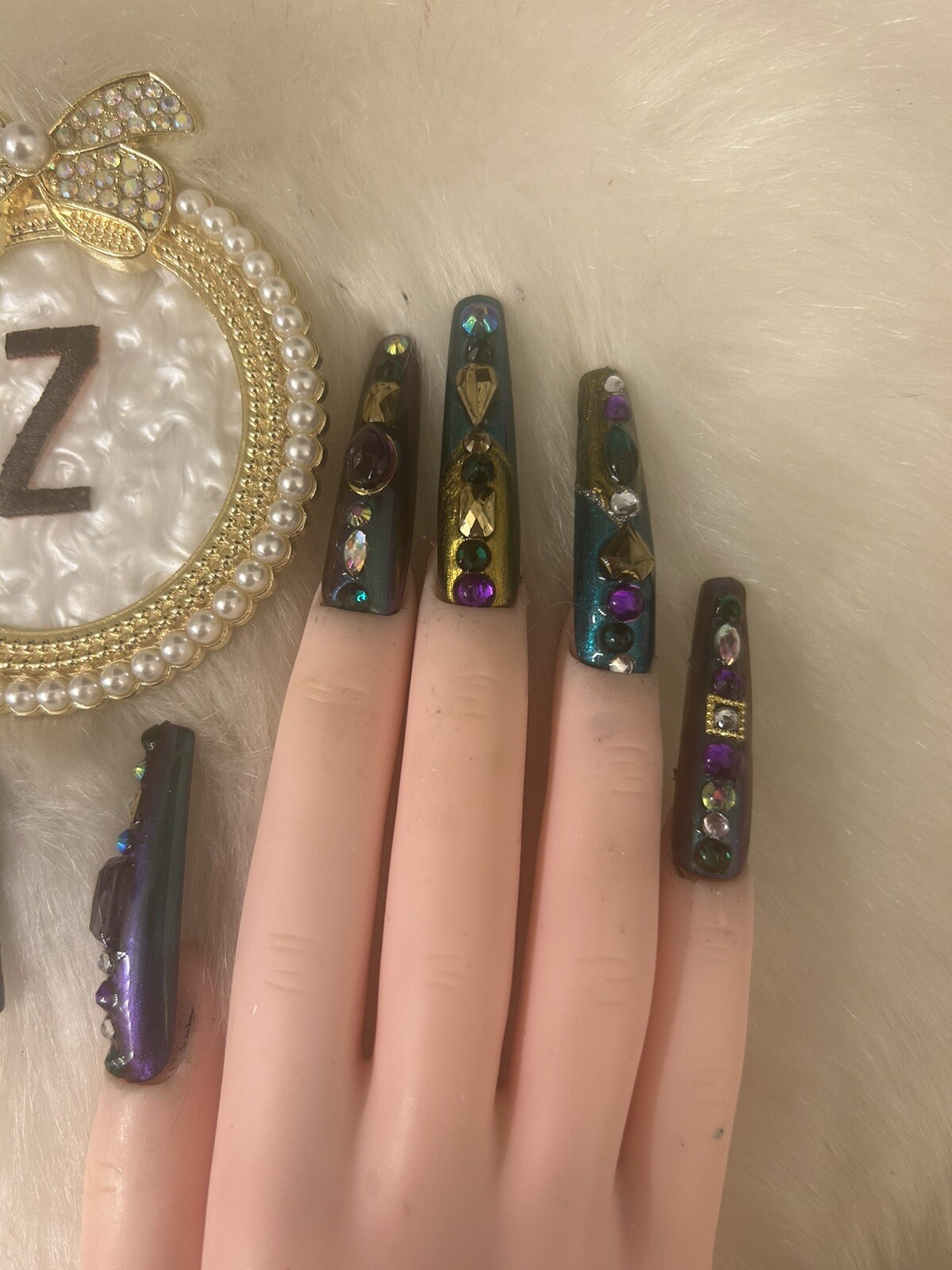 Z NAILZ! Gorgeous Set Of 2XL Coffin Mardi Gras Themed Press On Nails