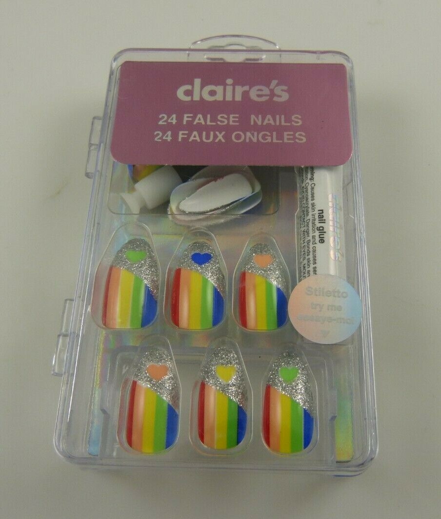 faux nails rainbow stripes colors heart glue elegant silver glitter Claire’s